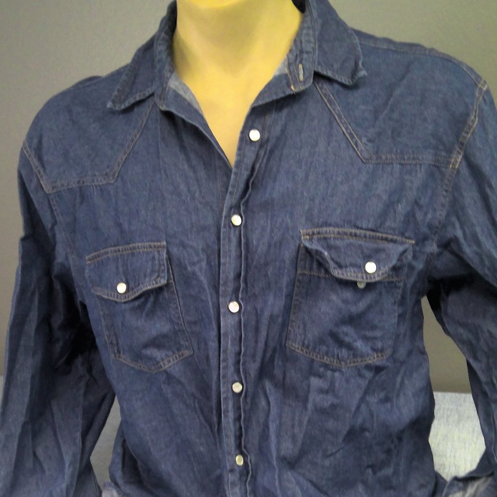 Vintage Real Work Wear Denim Western Pearl Snap Shirt Long Sleeve Men's XL